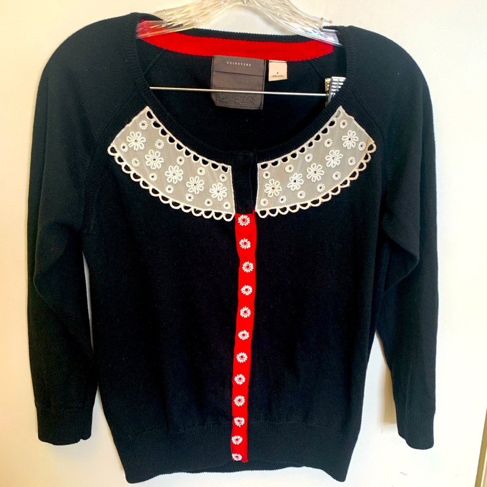 Anthropologie Red and Black Lace Collar Cardigan Sweater